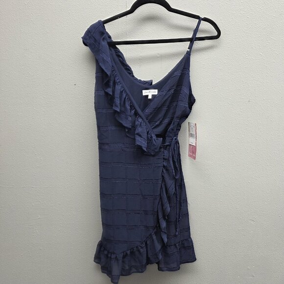 Emerald Sundae Dress Womens Small Navy One Shoulder Wrap Ruffle Mini GUS5060 - Picture 1 of 16